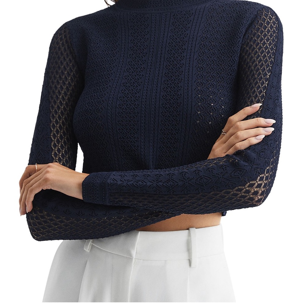 (NWT) Reiss Navy Lace Mock-Neck Top — XS